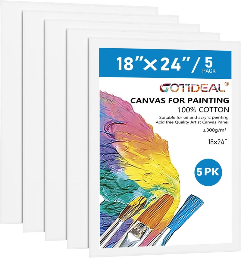 GOTIDEAL Canvases for Painting, 18x24 inch of 5 Pack, Professional Primed White Blank Flat Canvas - 100% Cotton Artist Canvas Boards for Acrylics Painting, Oil,Tempera - Image 1